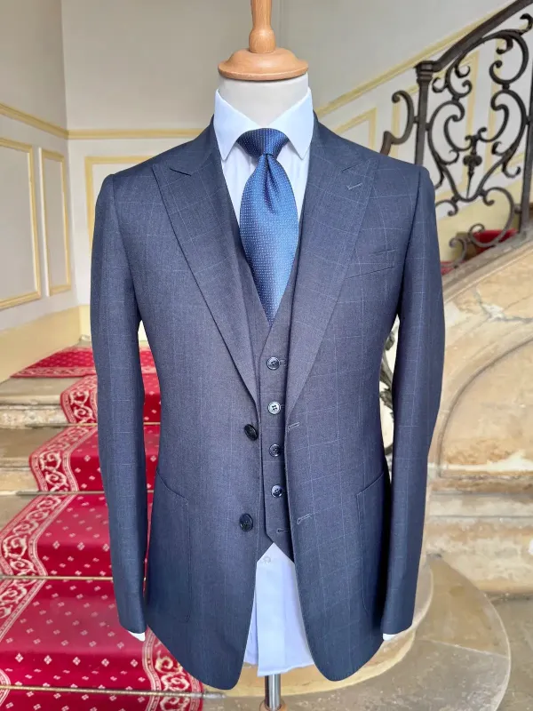 Costume Trois Pièces Gris Carreaux Bleuté made by Zedby