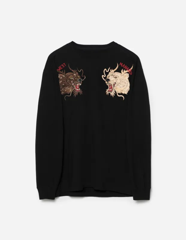 7090 Duality Bering Bears Embroidered L/S T-Shirt Black sold by Maharishi