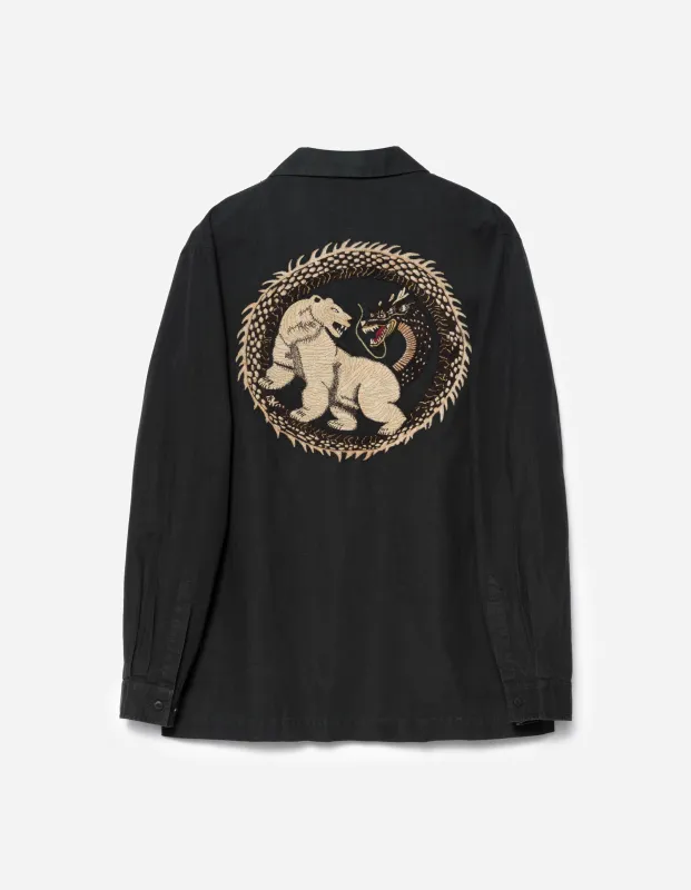 7089 Bering Strait Embroidered L/S Camp Collar Shirt Black sold by Maharishi