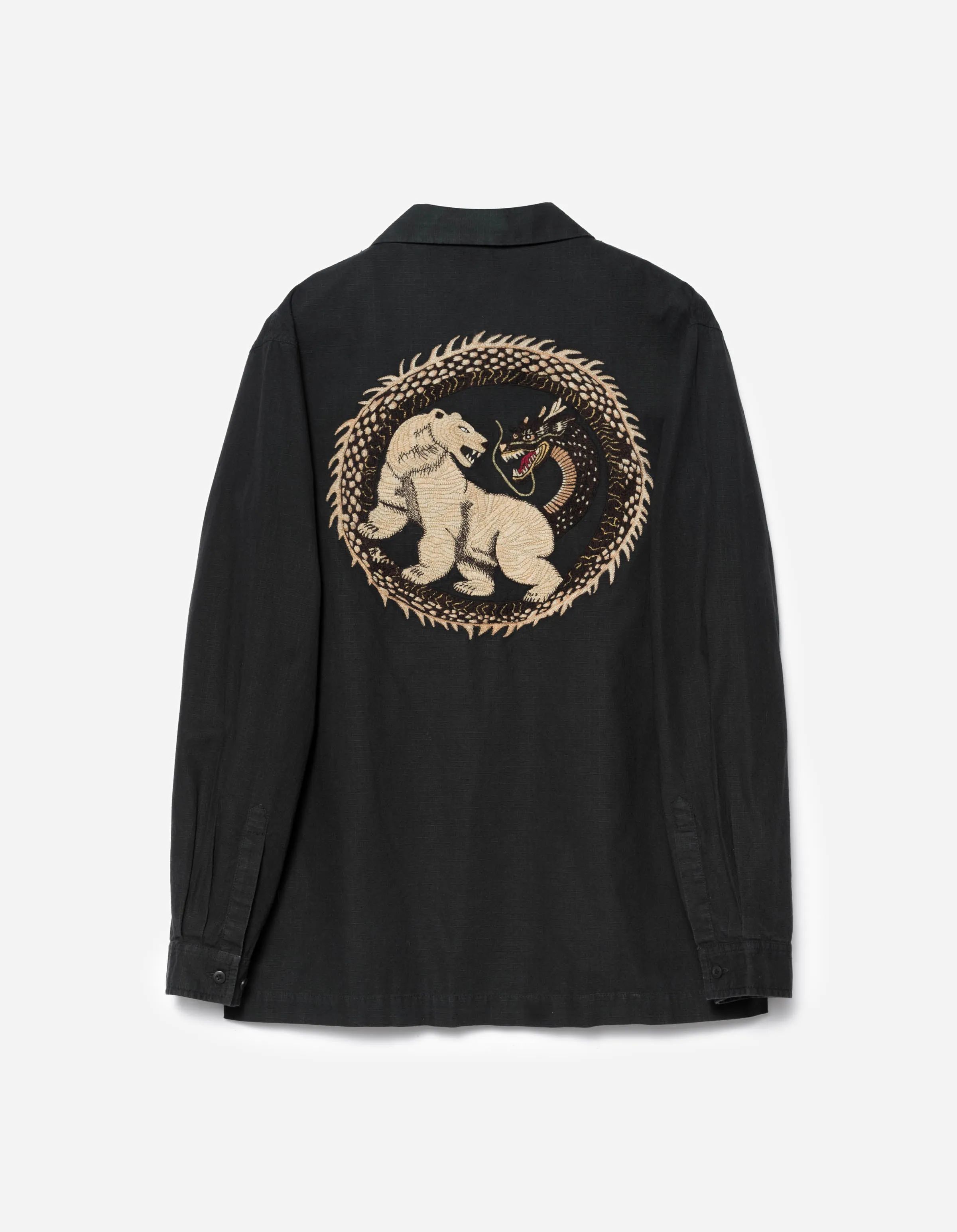 7089 Bering Strait Embroidered L/S Camp Collar Shirt Black sold by Maharishi