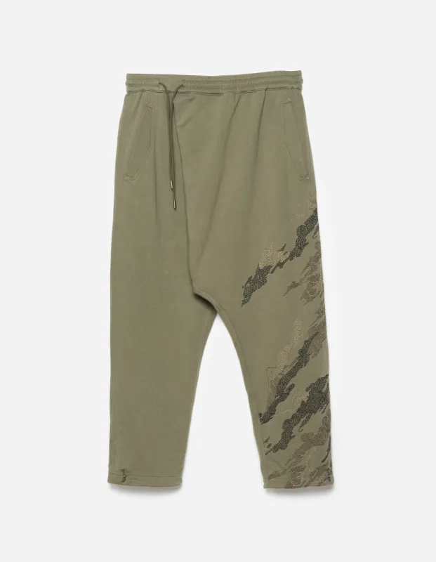 6202 Sashiko Bonsai Asym Sweatpants Olive OG-107F sold by Maharishi