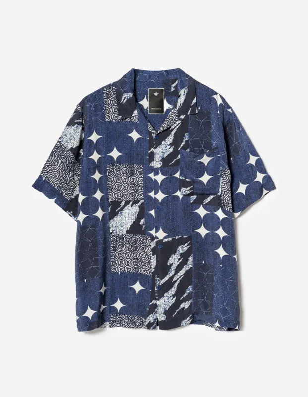 1529 Sashiko Patchwork Summer Shirt Navy/Ecru sold by Maharishi
