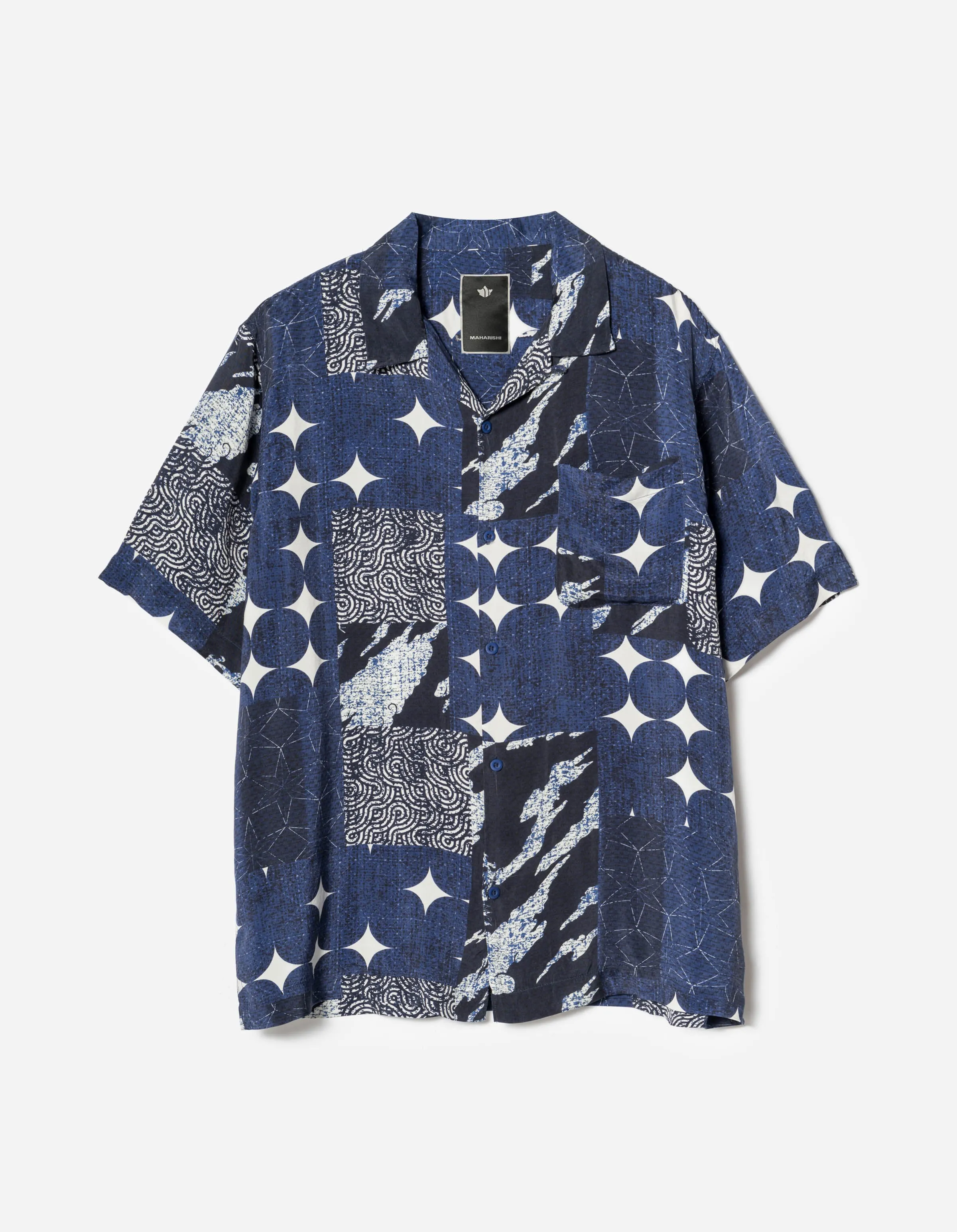 1529 Sashiko Patchwork Summer Shirt Navy/Ecru sold by Maharishi