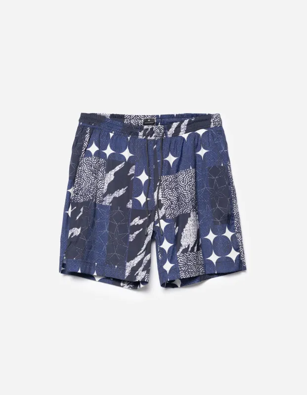 1487 Sashiko Patchwork Swim Shorts Navy/Ecru sold by Maharishi