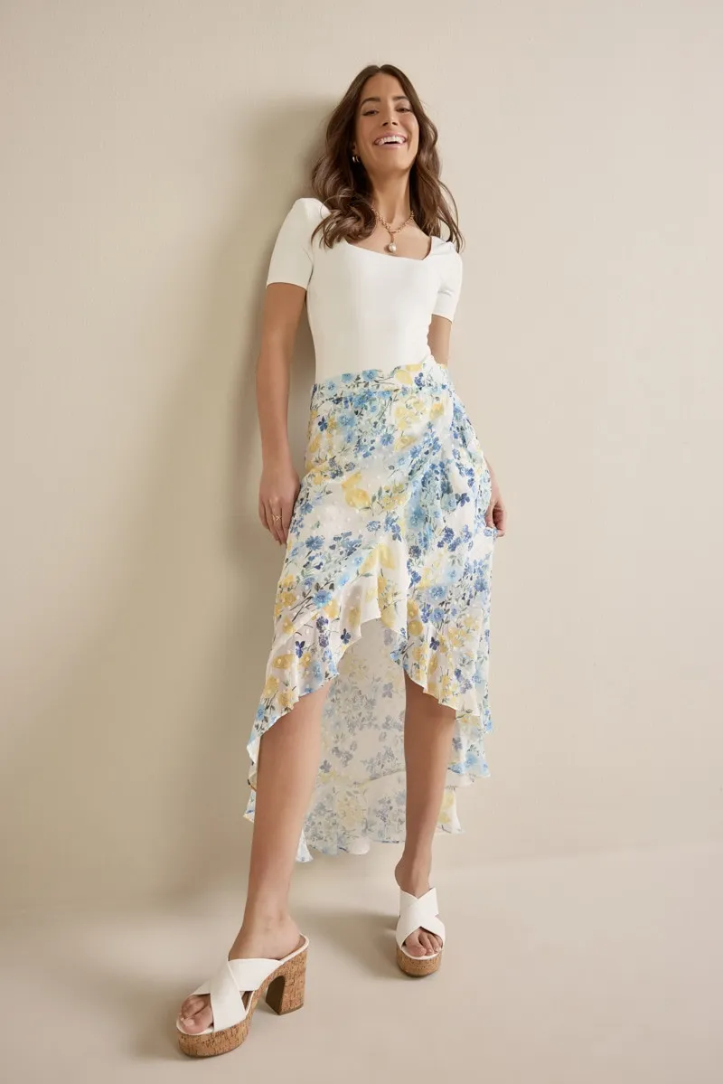 Elise Floral Wrap High-Low Skirt sold by Francescas