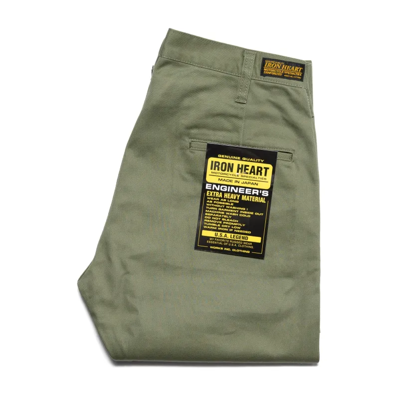 IH-727-OLV 9oz Mercerised Selvedge Cotton Medium/High Rise Tapered Chinos - Olive made by Iron Heart