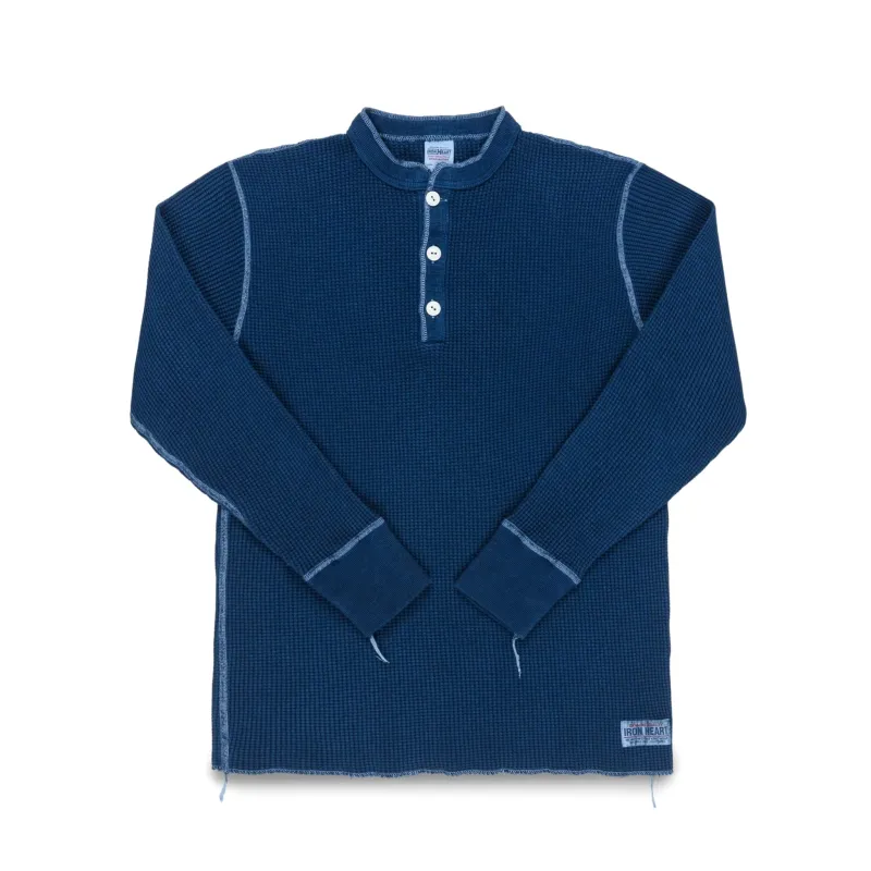 IHTL-1213-IND Waffle Knit Long Sleeved Thermal Henley - Indigo Dyed made by Iron Heart