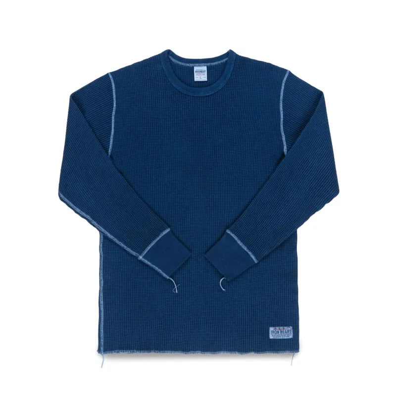 IHTL-1301-IND Waffle Knit Long Sleeved Crew Neck Thermal Top - Indigo Dyed made by Iron Heart