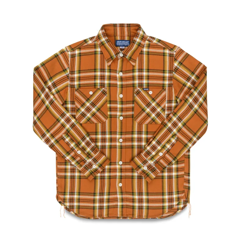 IHSH-442-ORA 9oz Selvedge Flannel Check Work Shirt - Orange made by Iron Heart