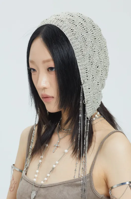 No Restock/ Fervooor Dune silver detachable chain knit beanie hat sold by Fervooor