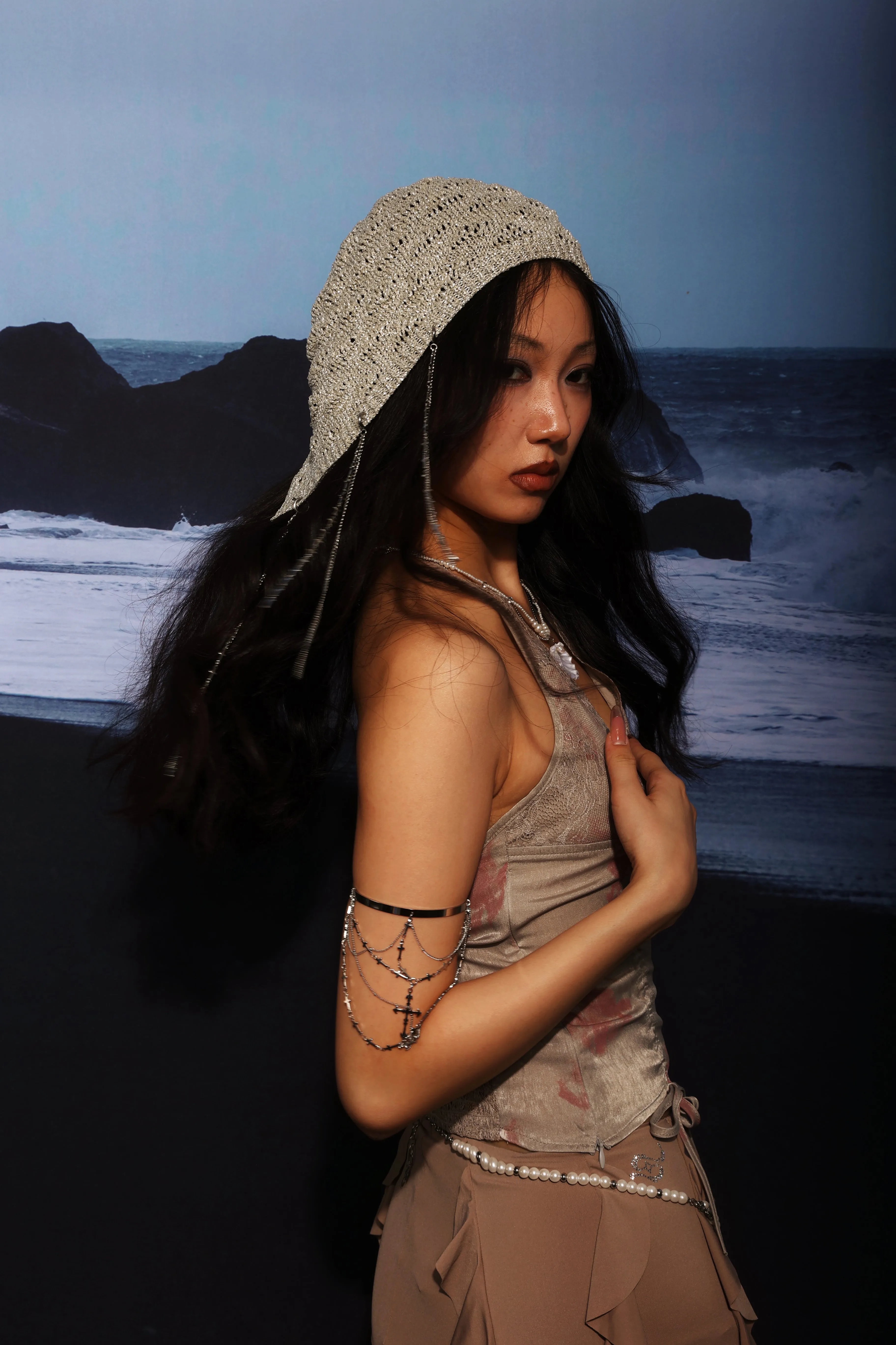 No Restock/ Fervooor Dune silver detachable chain knit beanie hat sold by Fervooor product image thumbnail 3