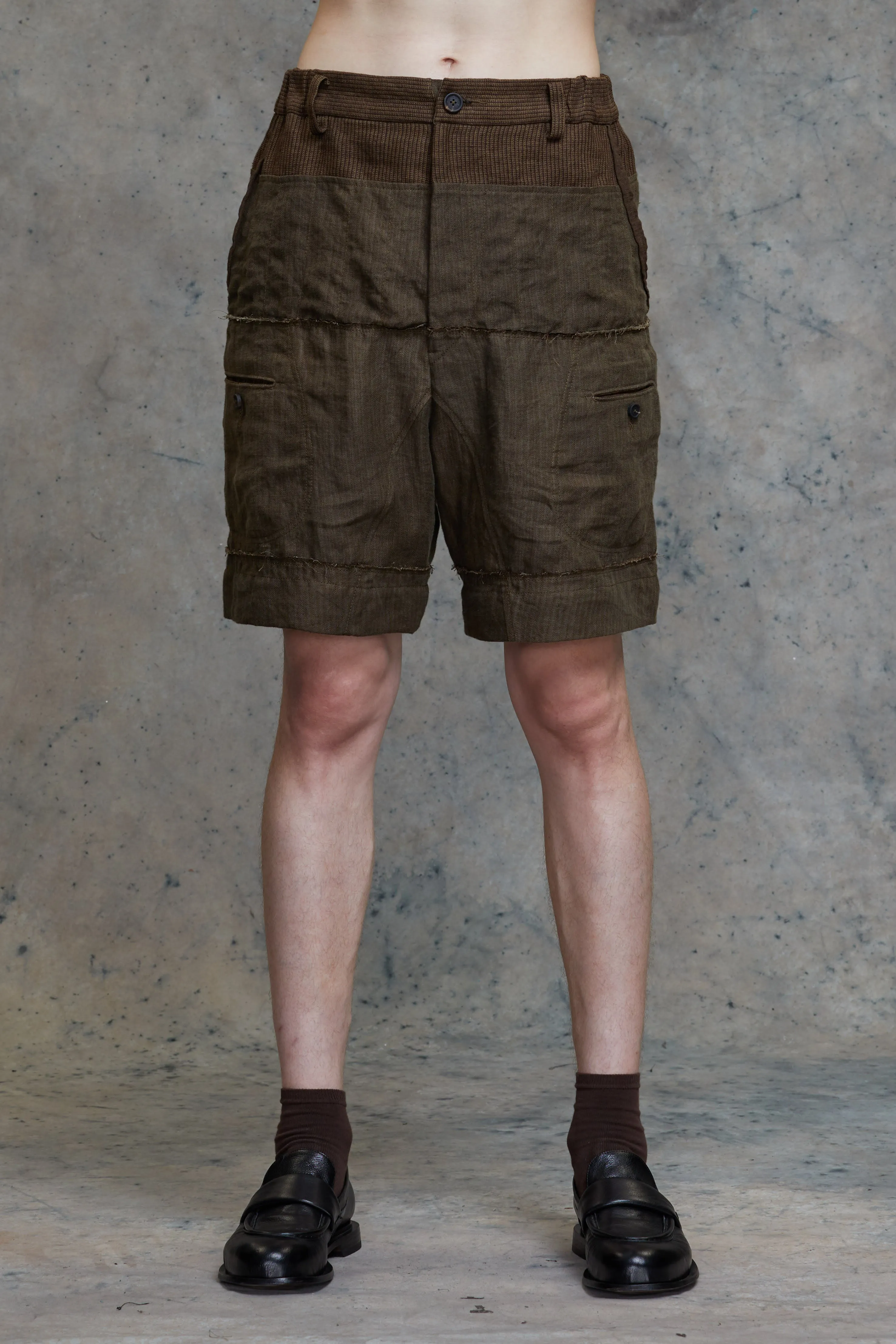 CONTRAST FABRIC COLLAGED 6 POCKET SHORTS sold by ziggy chen