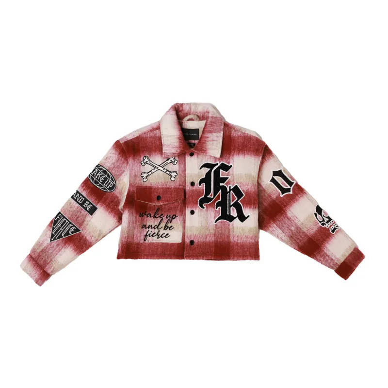 WAKE UP AND BE FIERCE CROP WOOL PLAID SHACKET made by First Row
