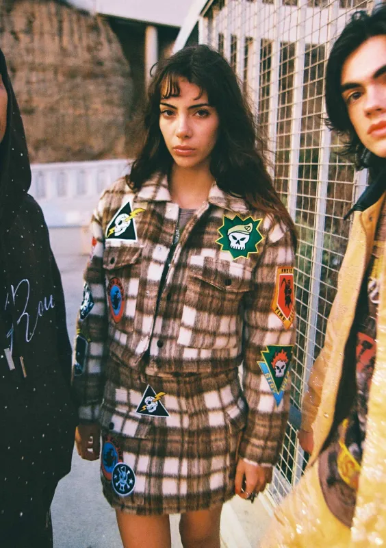 LOGO ALLOVER CROP WOOL PLAID SHACKET made by First Row