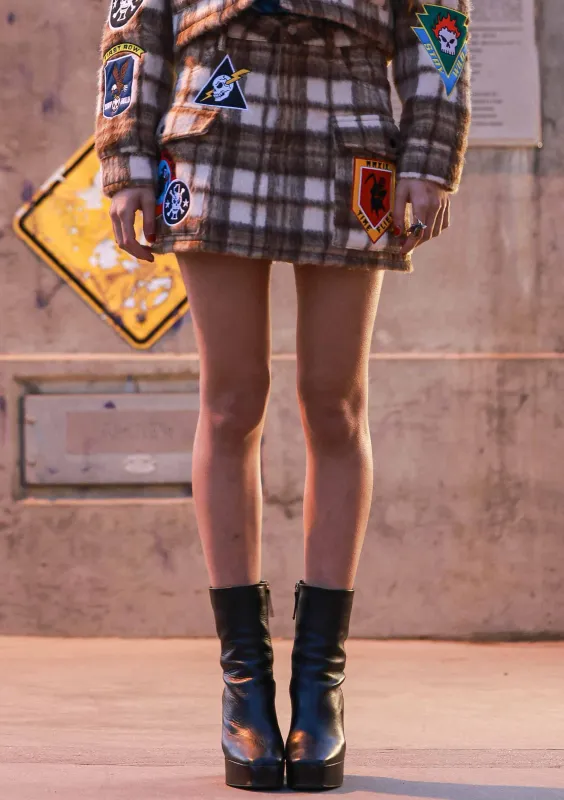LOGO ALLOVER WOOL PLAID MINI SKIRT made by First Row