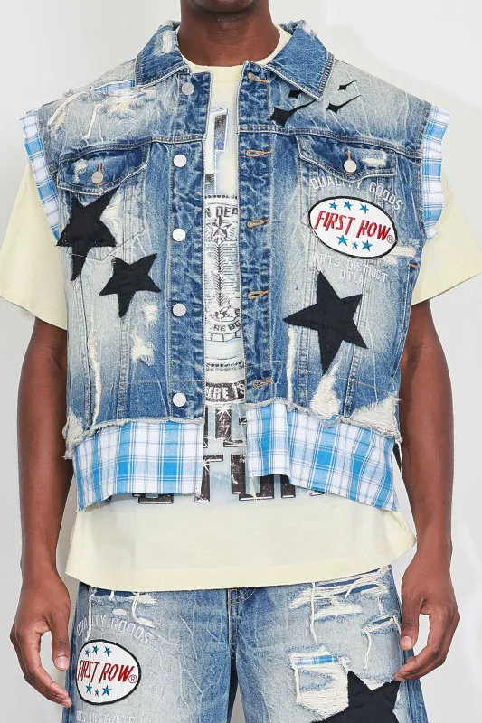 PATCHES CUT OFF PLAID DENIM VEST made by First Row