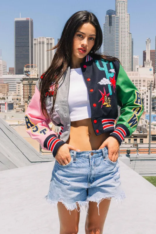WILD AND FREE CROPPED VARSITY JACKET made by First Row