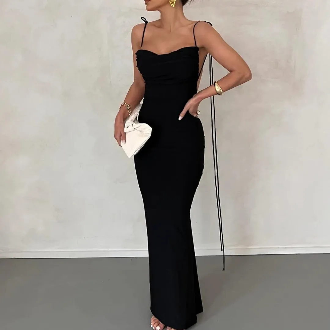 Black Gathered Low Back Maxi Dress sold by Azel Clothing