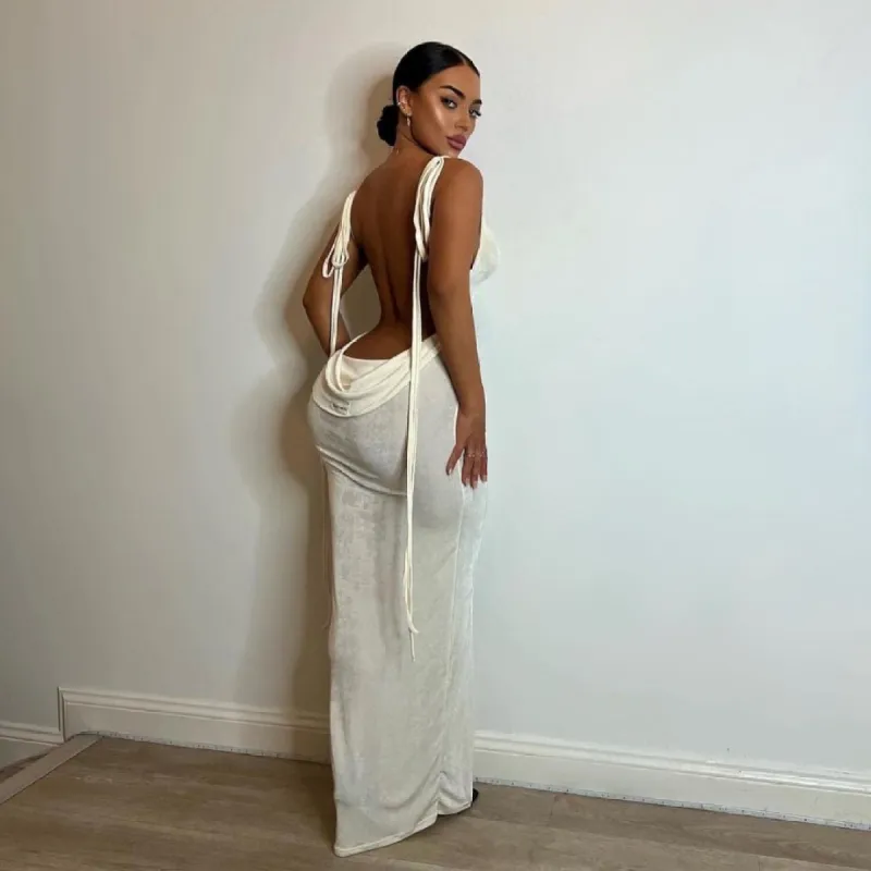 Champagne Draped Back Maxi Dress sold by Azel Clothing