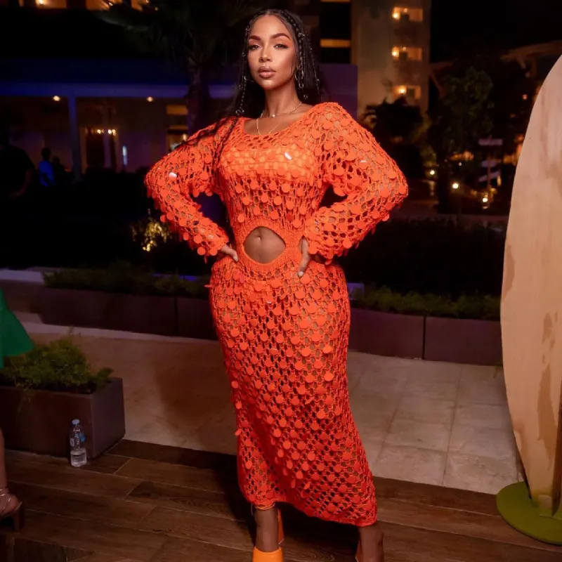 Orange Sequin Knit Dress sold by Azel Clothing