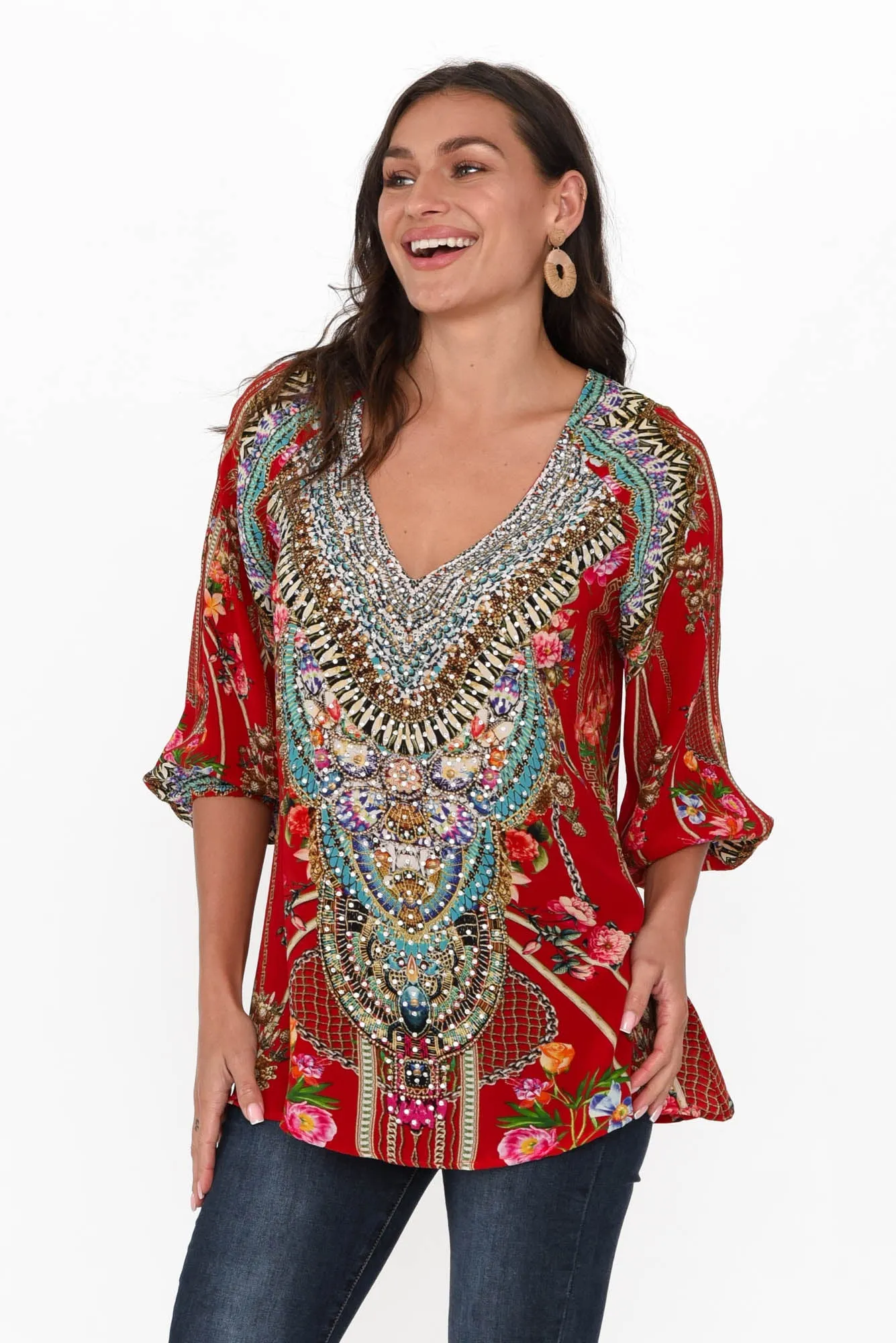 Capri Red Silk Gypsy Top sold by Blue Bungalow