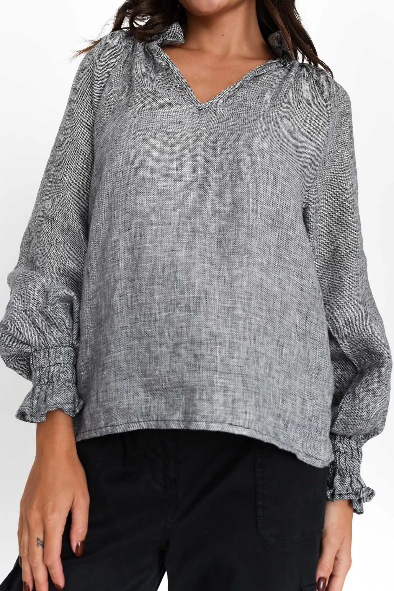 Leland Charcoal Linen Ruched Collar Top sold by Blue Bungalow product image thumbnail 5