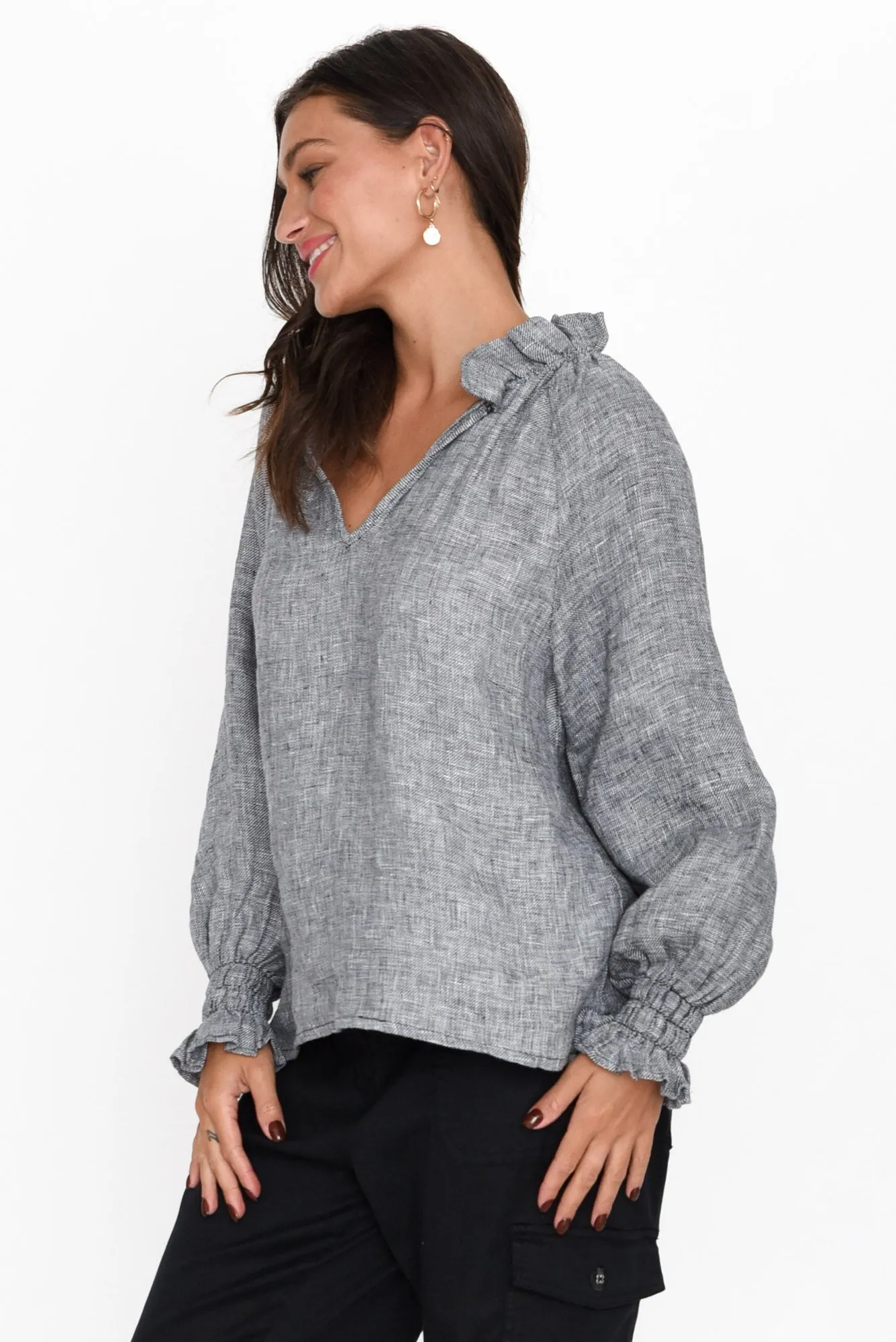 Leland Charcoal Linen Ruched Collar Top sold by Blue Bungalow product image thumbnail 3