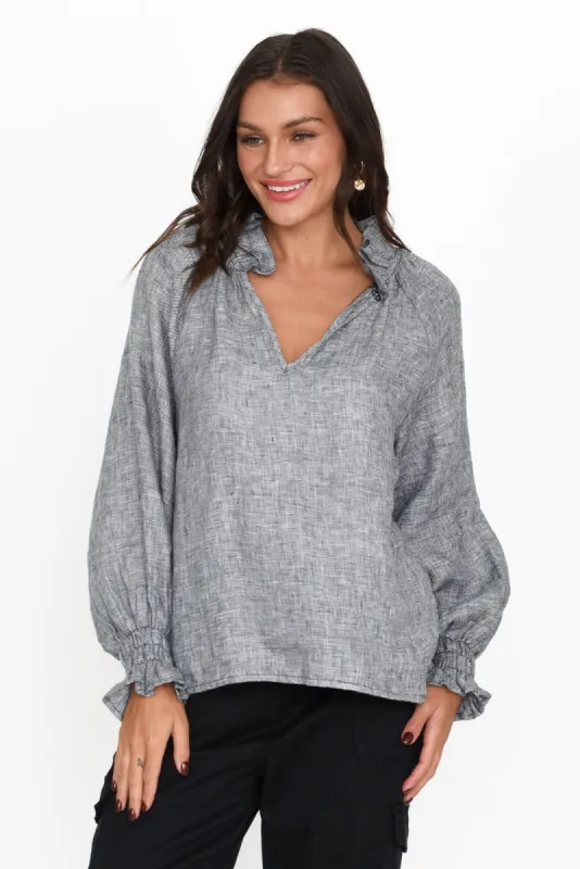 Leland Charcoal Linen Ruched Collar Top sold by Blue Bungalow