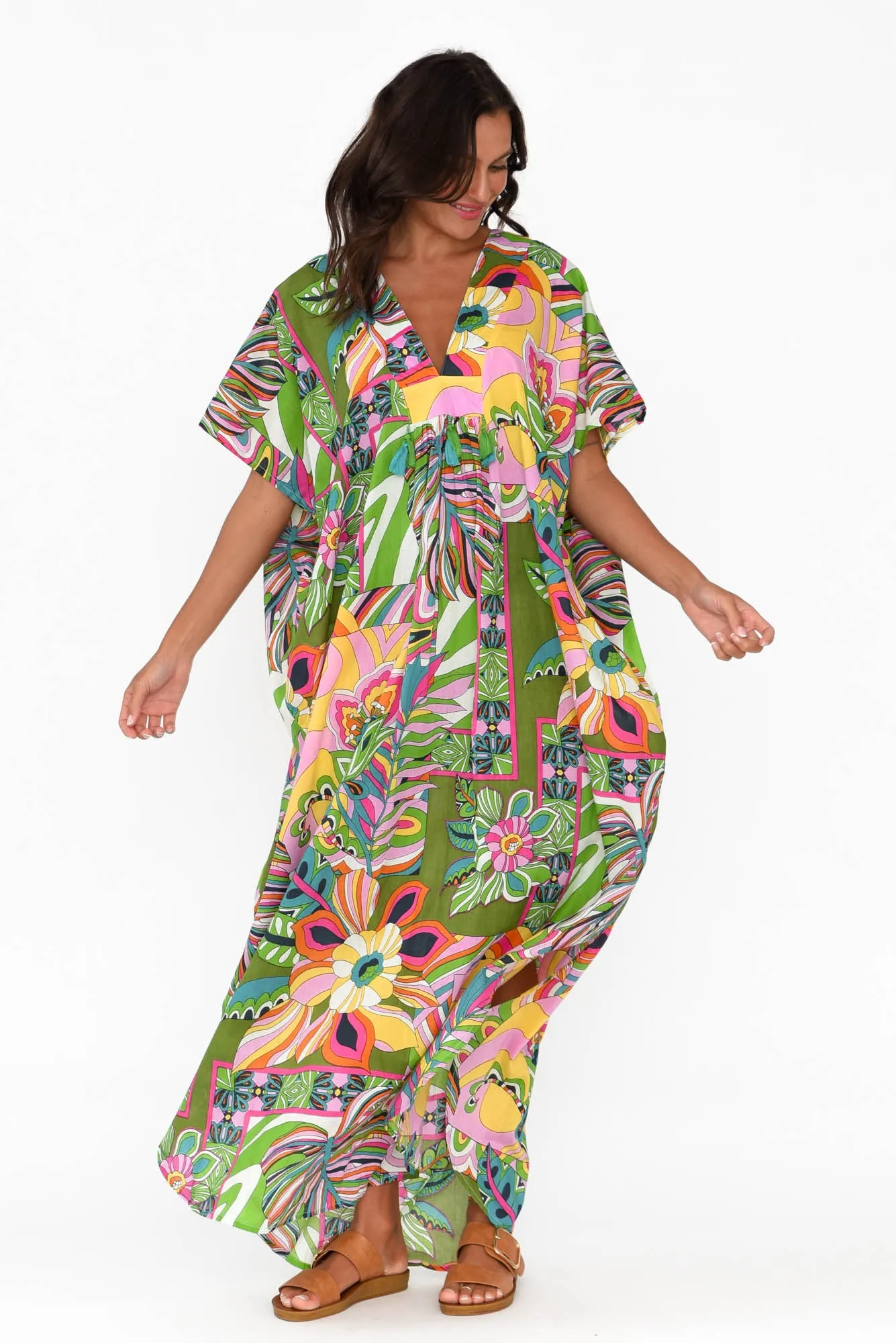Tiwi Green Tropical Cotton Kaftan sold by Blue Bungalow