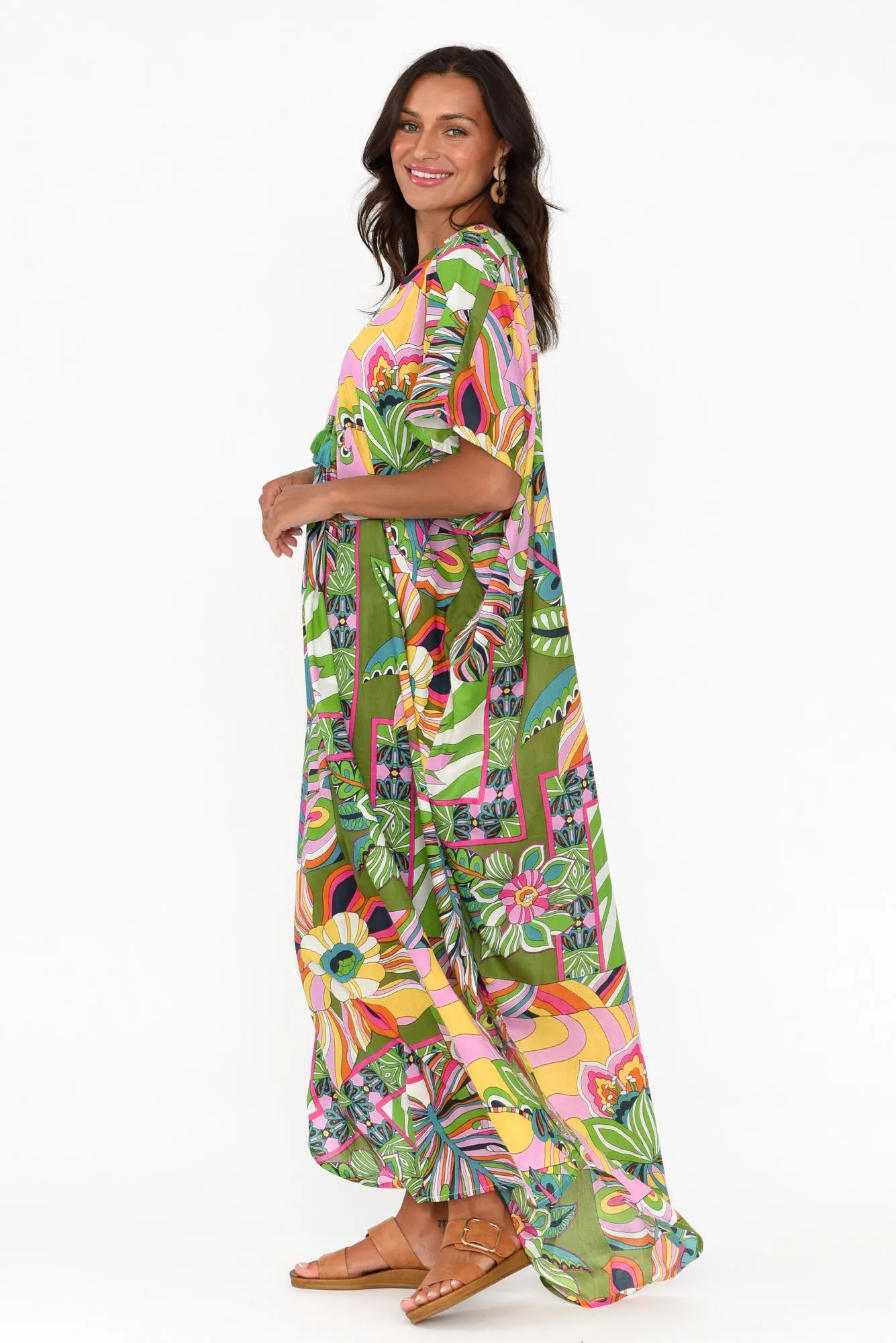 Tiwi Green Tropical Cotton Kaftan sold by Blue Bungalow product image thumbnail 3