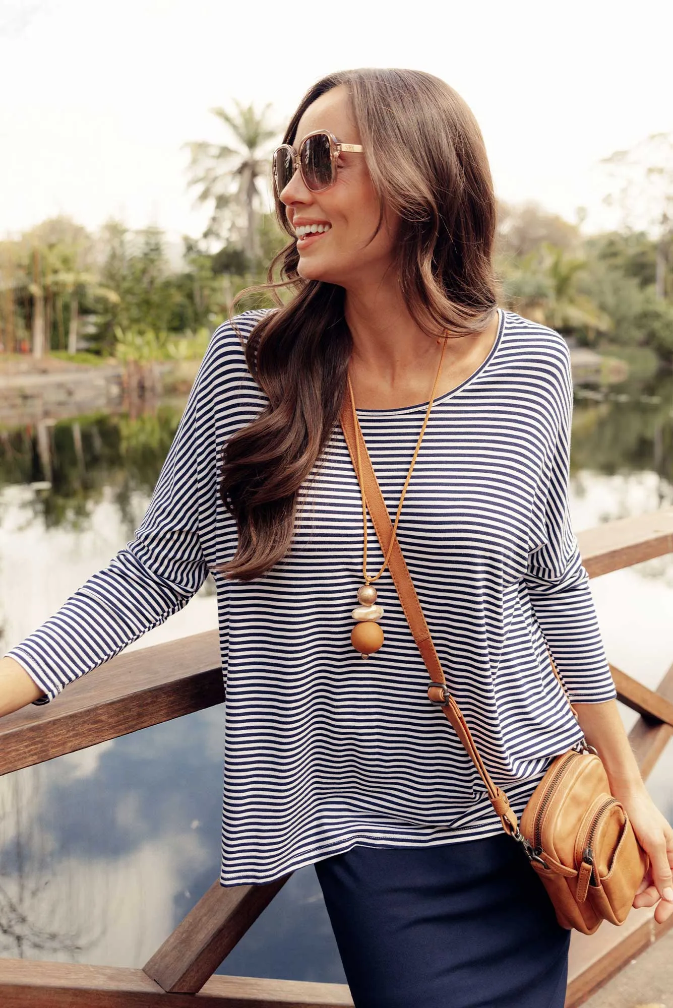 Navy and White Stripe Milan 3/4 Sleeve Top sold by Blue Bungalow