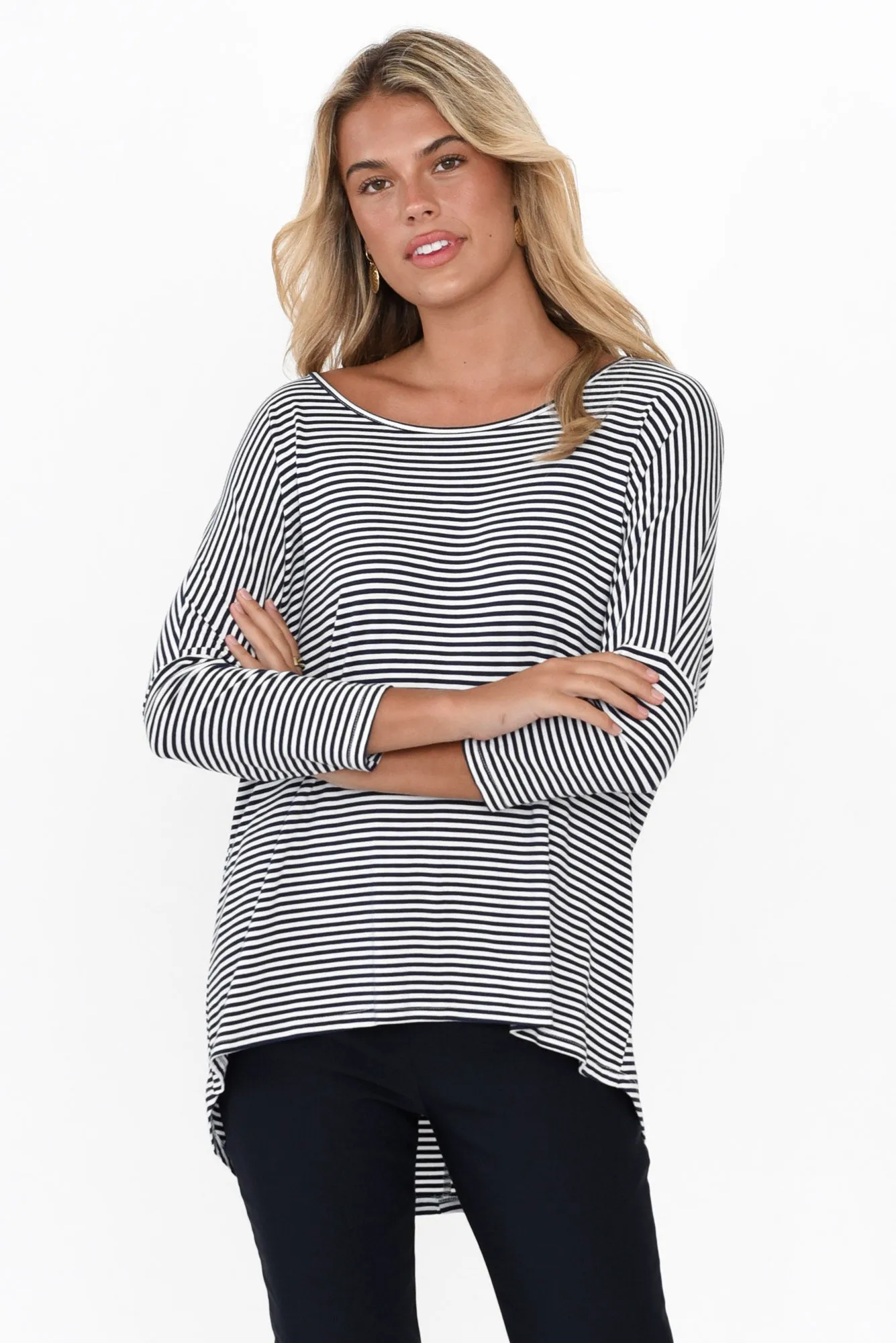 Navy and White Stripe Milan 3/4 Sleeve Top sold by Blue Bungalow product image thumbnail 2