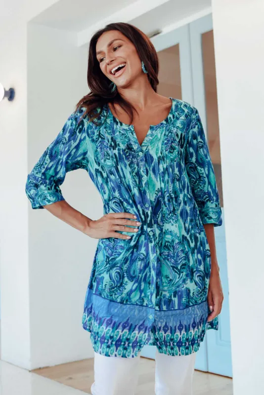 Indra Blue Paisley Cotton Tunic Top sold by Blue Bungalow