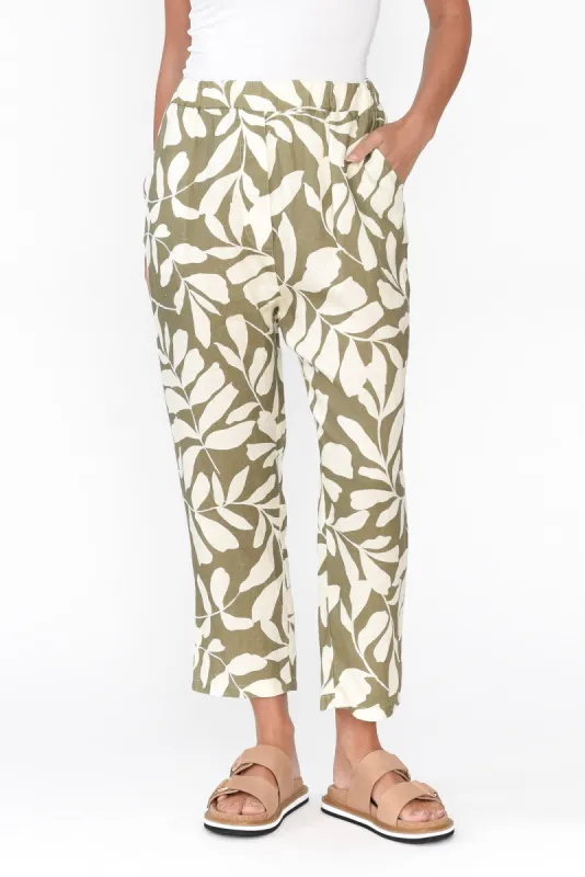 Jacqui Khaki Leaf Linen Pants sold by Blue Bungalow