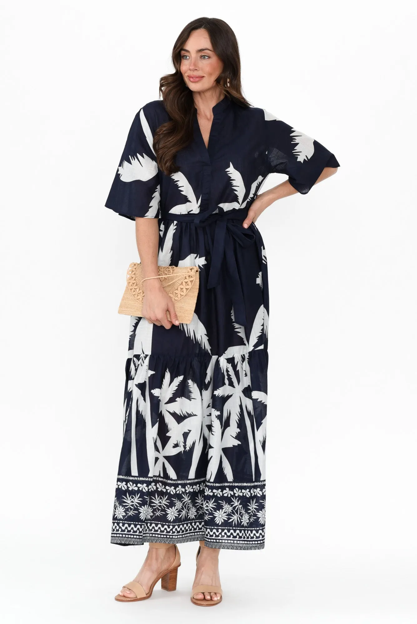 Lestelle Navy Palm Cotton Tie Dress sold by Blue Bungalow product image thumbnail 3