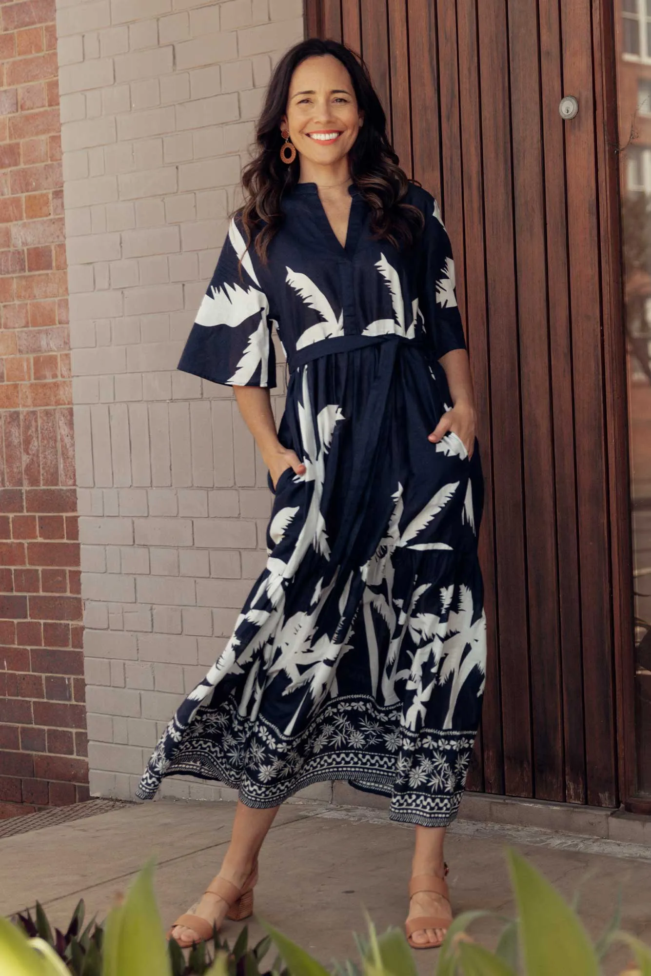 Lestelle Navy Palm Cotton Tie Dress sold by Blue Bungalow