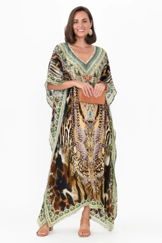 Tiger Brown Silk Maxi Kaftan sold by Blue Bungalow