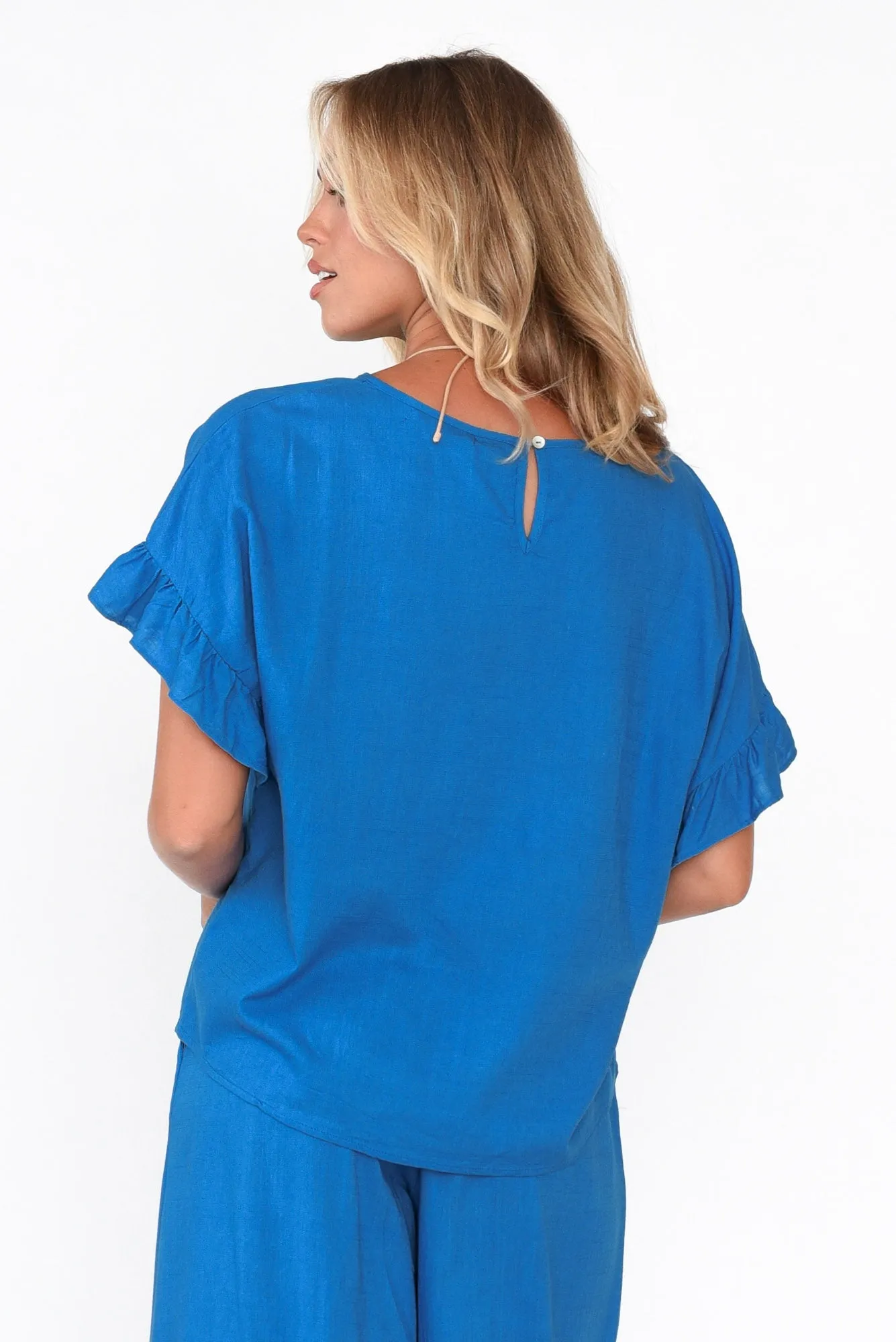 Randa Blue Cotton Linen Frill Top sold by Blue Bungalow product image thumbnail 4