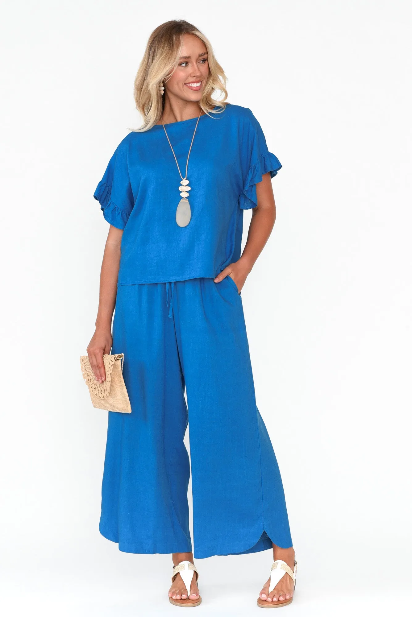 Randa Blue Cotton Linen Frill Top sold by Blue Bungalow product image thumbnail 2