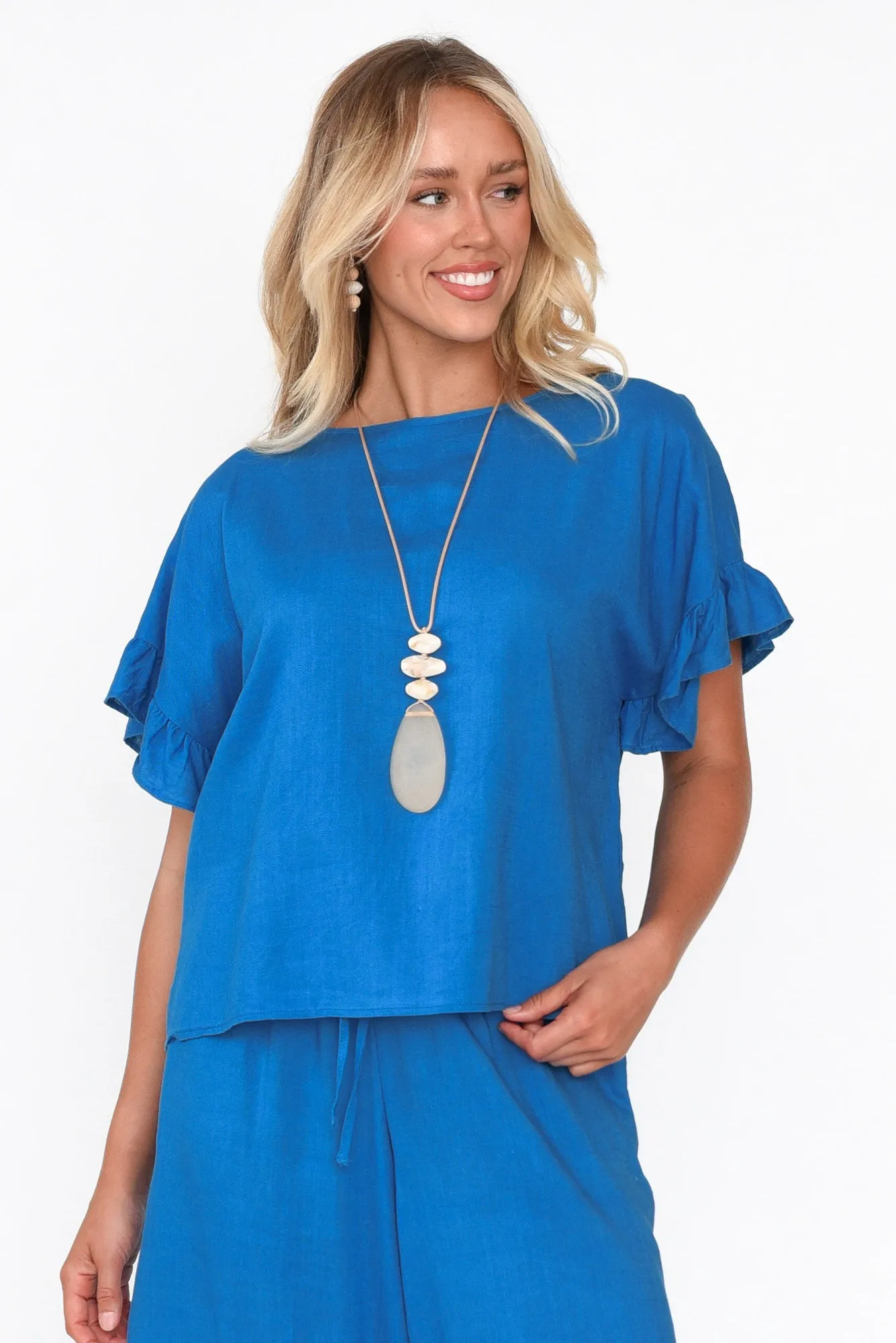 Randa Blue Cotton Linen Frill Top sold by Blue Bungalow