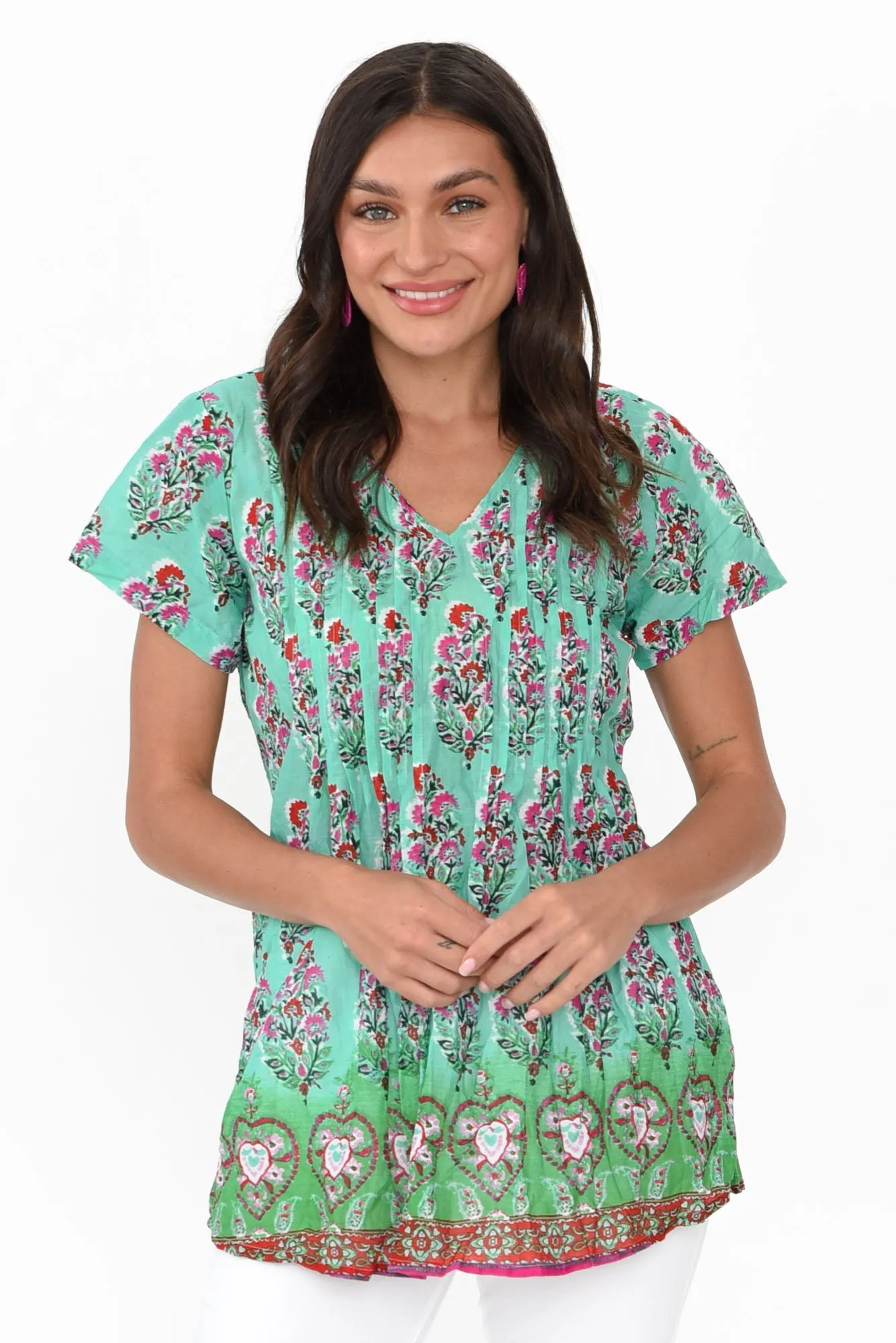 Fia Aqua Botanical Crinkle Cotton Top sold by Blue Bungalow