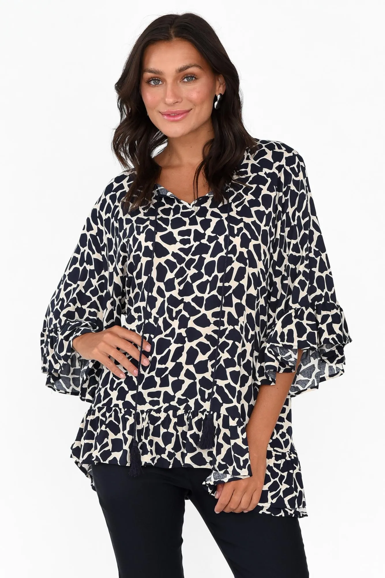 Chase Navy Abstract Tassel Ruffle Top sold by Blue Bungalow