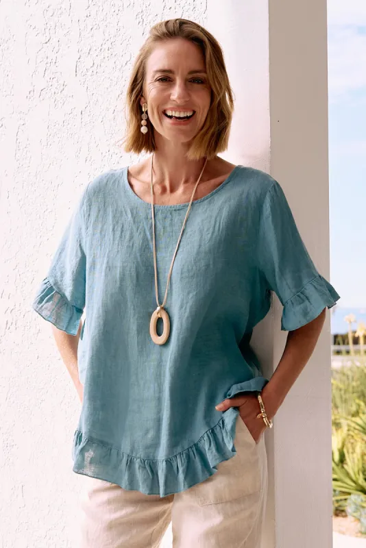 Genevieve Steel Linen Frill Top sold by Blue Bungalow