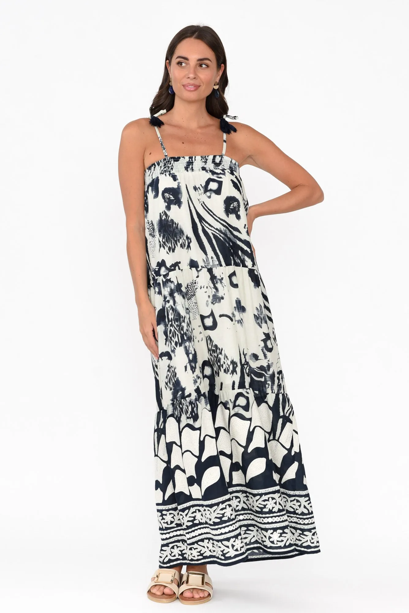 Kenya Navy Abstract Cotton Maxi Dress sold by Blue Bungalow