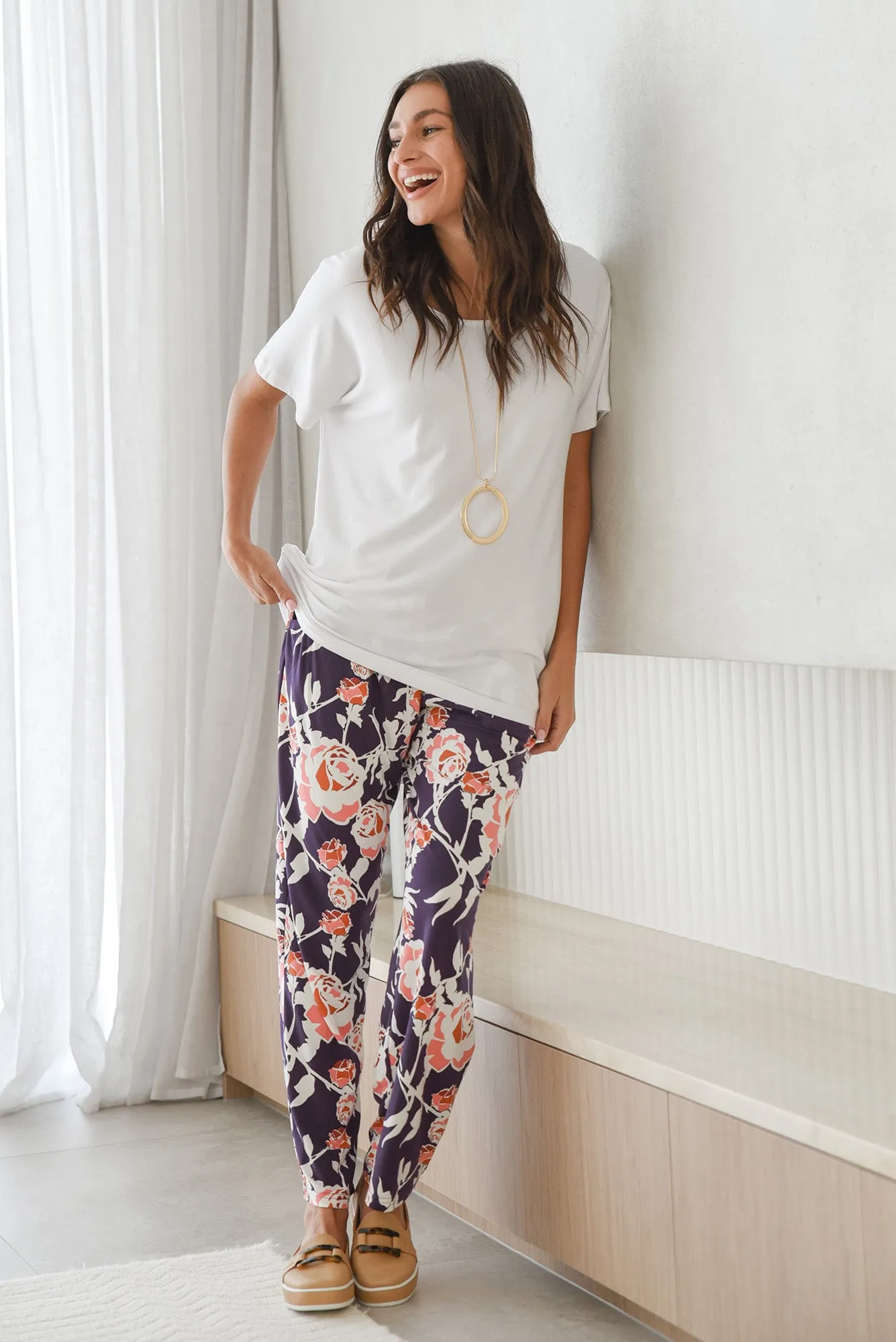 Rosella Purple Rose Bamboo Pants sold by Blue Bungalow