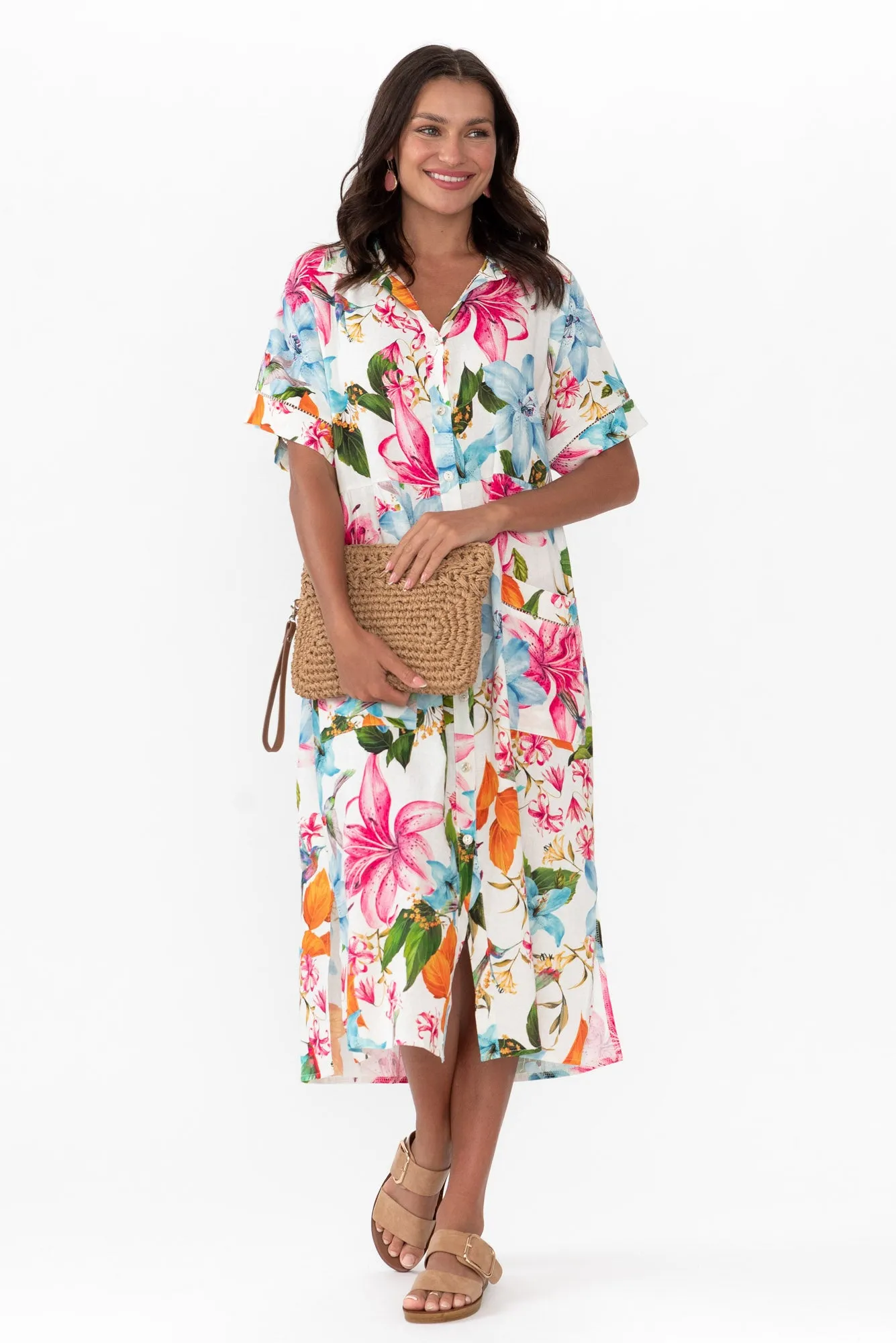 Sameera White Floral Linen Blend Dress sold by Blue Bungalow