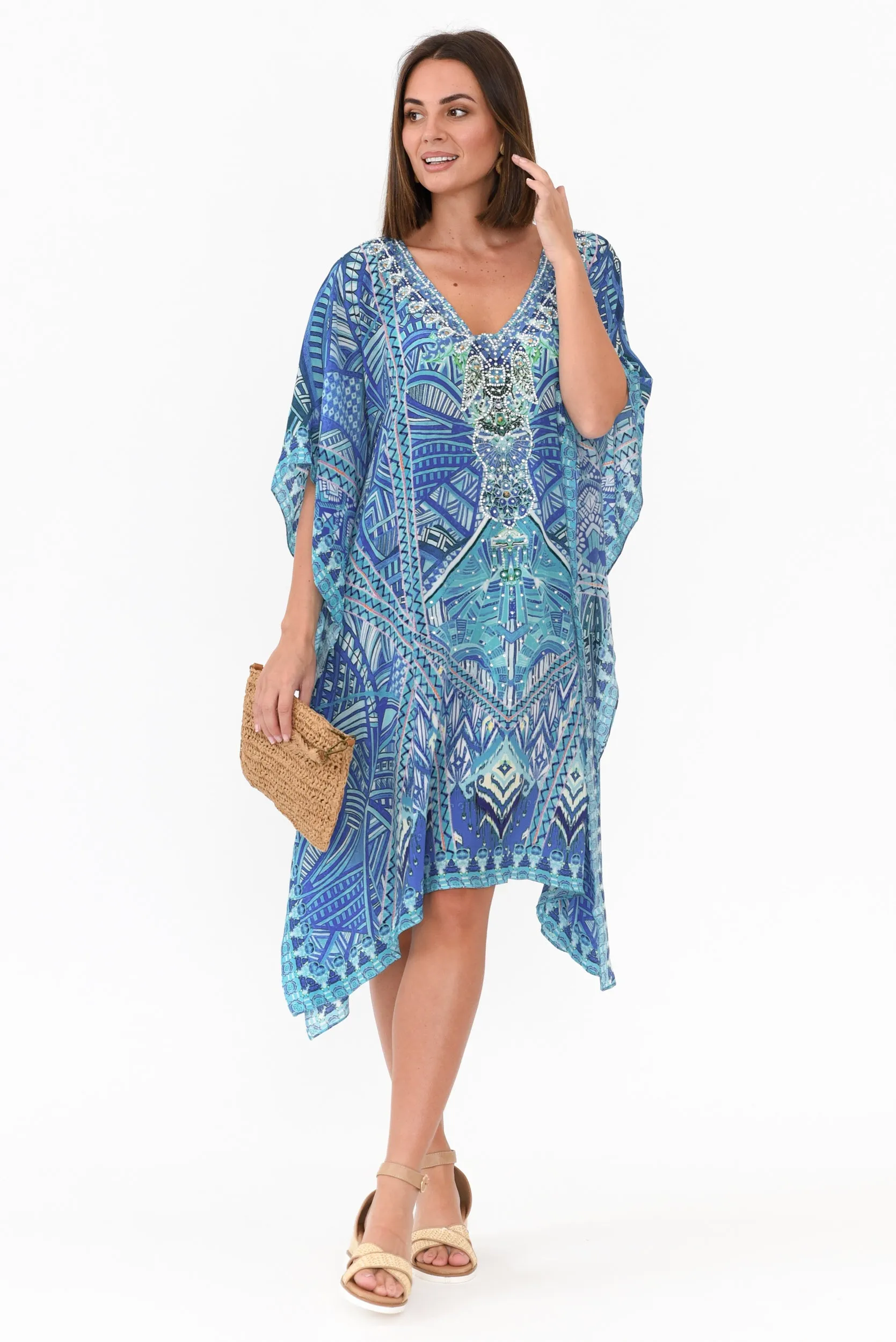 Emen Blue Silk Kaftan sold by Blue Bungalow