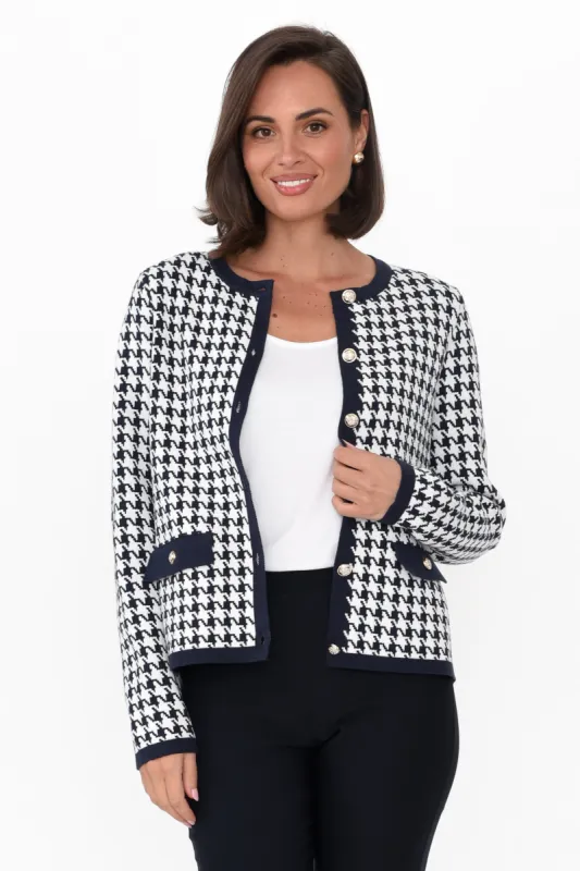 Lady Navy Houndstooth Cotton Blend Cardigan sold by Blue Bungalow