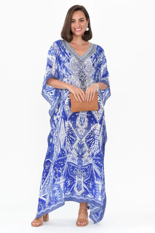 Tuscany Blue Silk Maxi Kaftan sold by Blue Bungalow