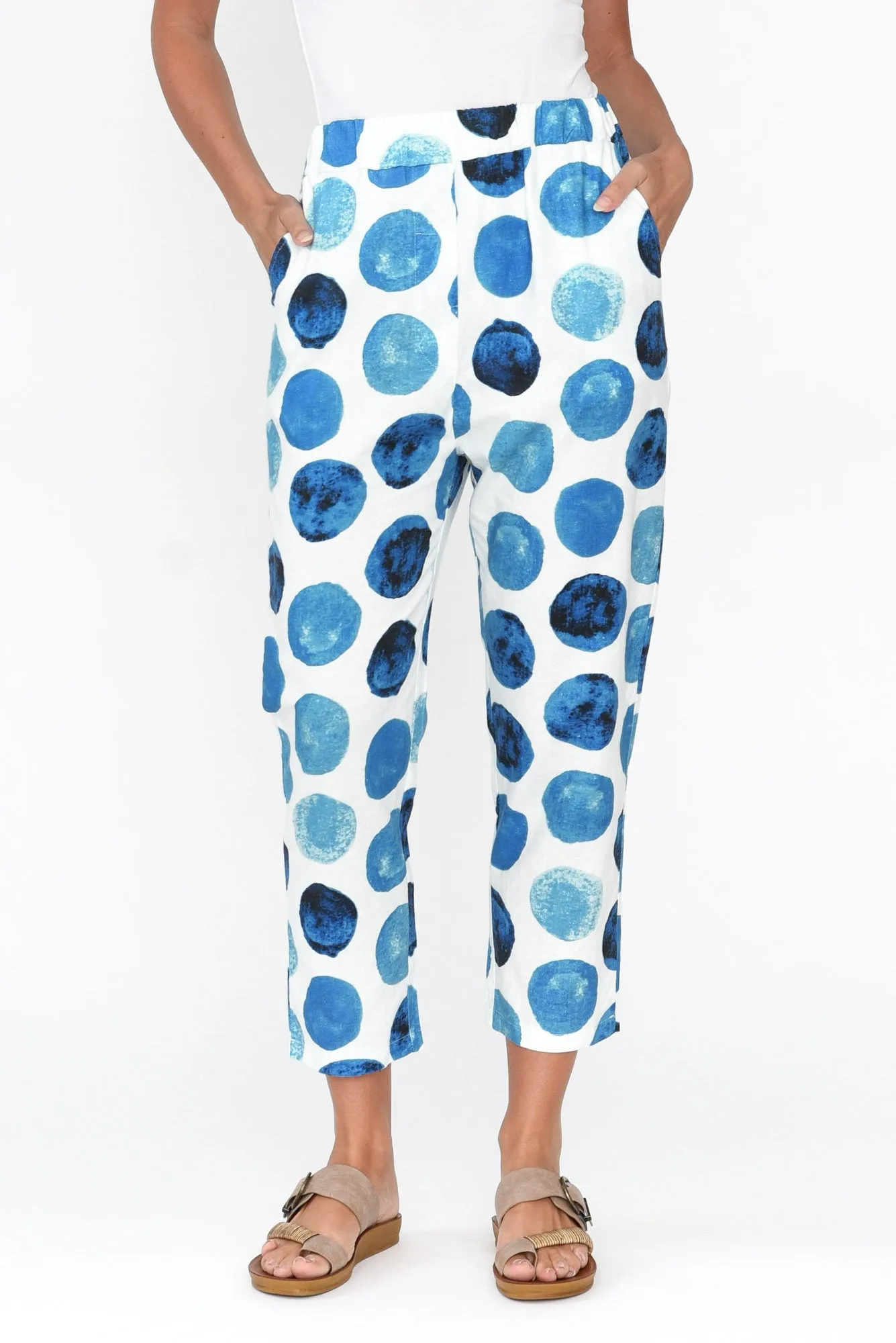 Jacqui Blue Spot Linen Pants sold by Blue Bungalow
